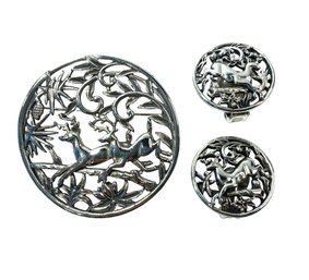 Large Round Reindeer Pin And Matching Clip-on Earrings  Pin