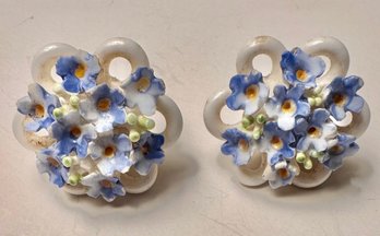 Vintage Denton England Screw Back Earrings-white Background With Blue Flowers