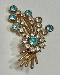 Floral Spray Pin With Blue And White Rhinestones