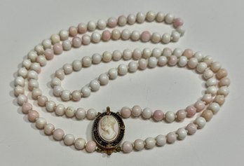 Double Strand White/Pink Beaded Cameo Necklace