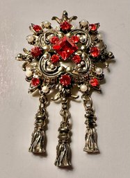 Vintage Brooch With 3 Tassels  Embellished With Orange Rhinestones And Faux Pearls  2 X 3