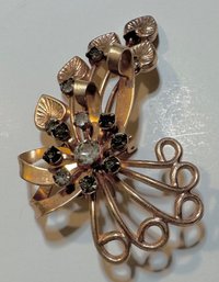 Copper Floral Pin With Smokey Grey Rhinestones