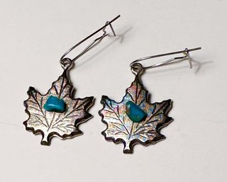 Small Maple Leaf Earrings-turquoise Center