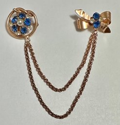 Double Pin/dress Clip.  Blue And Clear Rhinestones