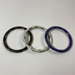 3 Bangles - 3' Diameter Multi Colored Floral Enamel Designs (Blue, White And Black)