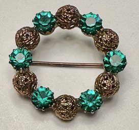Vintage Pin With Green Rhinestones And Filigree Beads