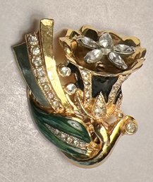 Single Duette Dress Clip- Possible Coro - Black And Green Enamel With Clear Rhinestones  Possible Coro