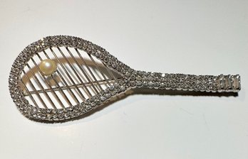 Tennis Racquet Pin With Rhinestones And Pearl