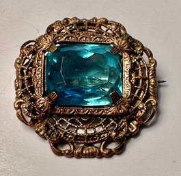 Victorian Filigree Pin - Blue Rhinestone