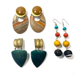 3 Pair Of Wooden Earrings (Brown Tones & Green Triangular Are Clip-on. Colored Beads-Fishhook) (3)