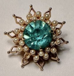 Vintage Sun Burst Pin  Aqua Blue Rhinestone Center With Pearl Accents