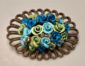 Victorian Oval Brooch  Enamel Flowers With Clear Rhinestones