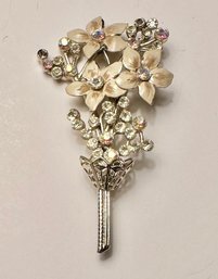 Floral Bouquet Brooch - Rhinestones And Enamel