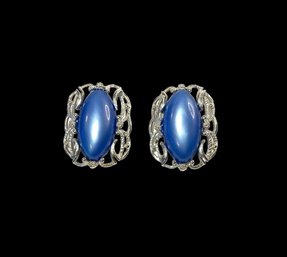 Sarah Coventry  Vintage Silver Tone Clip-on Earrings With Large Frosted Blue Stones
