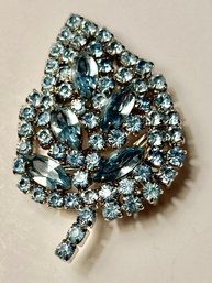 Blue Rhinestone Leaf Brooch