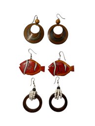 3 Pair Of Wooden Fish Hook Earrings