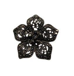 Vintage Filigree Floral Pin With Smokey Black Rhinestones