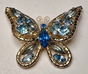 Vintage Blue Rhinestone Butterfly Brooch