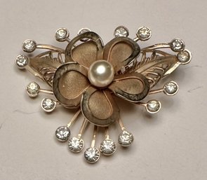 Vintage Flower Pin - With Rhinestones And A Pearl Center