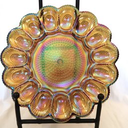 Indiana Glass Hobnail Amber Carnival Iridescent Egg Plate Vintage