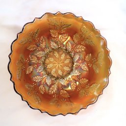 Fenton Holly Marigold  Amber Carnival Glass Ruffle Bowl