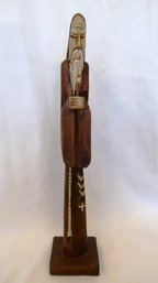 Hand-Carved Wood Monk Holding Brush Or Candle