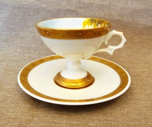 Porcelain Teacup & Saucer With Handpainted Scene & Gold Trim