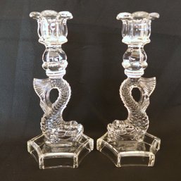 Dalzell Viking Clear Glass Koi Fish Candlestick Pair