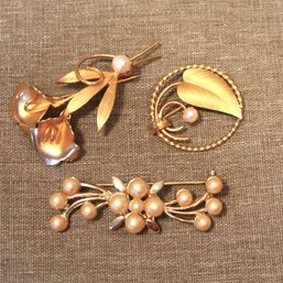 Gold Tone Floral Pins With Faux Pearls (set Of 3)