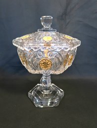Pressed Glass Pedestal Candy Dish With Lid And Gold Coins