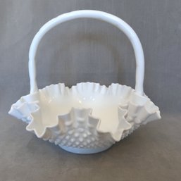 Fenton Art Glass Hobnail Milk Glass Basket Ruffled Edge