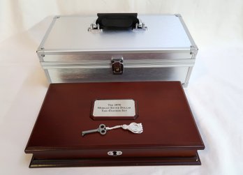 Wooden Coinbox With Lock & Key, Metal Carrying Case- Both Empty