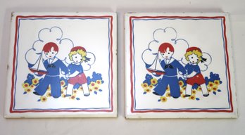 Vtg Boy And Girl Sailor With Boat Red And Blue Trivet Tiles Set Of 2