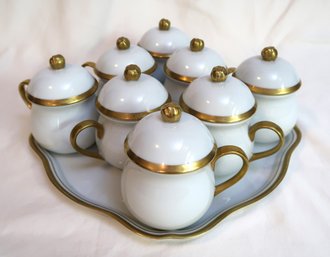 Vintage French Porcelain Pots De Creme And Tray Set- 17 Pieces