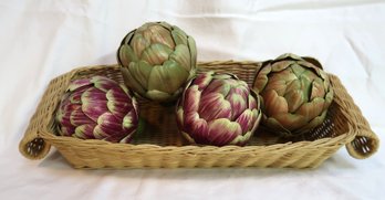 Set Of 3 Faux Artichokes In Wicker Basket