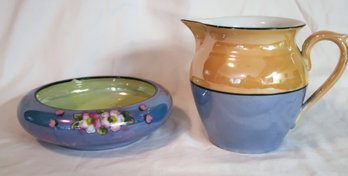 Art Deco Lusterware Porcelain Hand Painted Bowl & Creamer