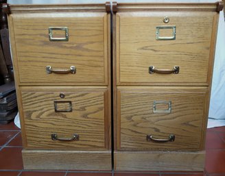 Set Of 2 Oak Wood Filing File Cabinet 2 Drawer Brass