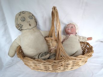 Two Vintage Dolls With Basket
