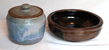 Studio Art Pottery Crock With Lid & Bowl