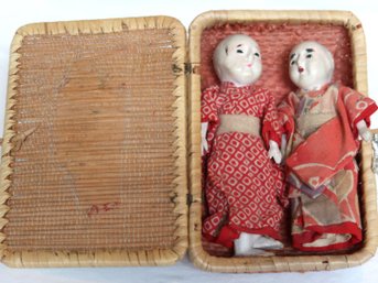 Antique Asian Bisque Gofun Pair Of Dolls In Basket