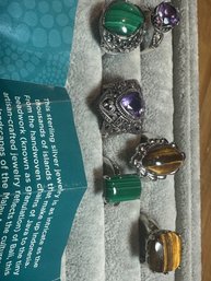 Lot Of 6 Sterling Rings Malachite Tiger Eye