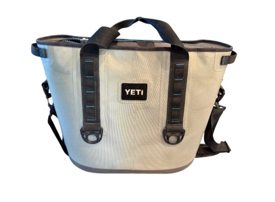 YETI Soft-Sided Insulated Cooler Tote Bag, Tan And Gray With Blue Stitching