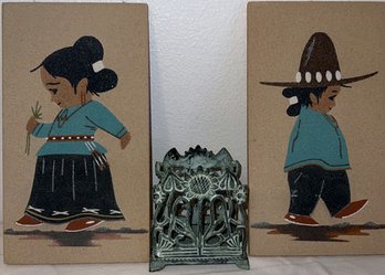 American Indian Navajo Sand Painting Of A Boy In Traditional Clothes - 9in