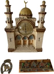 Mosque Clock, Brass Horseshoe And Wooden Wall Hanging Jerusalem Camels