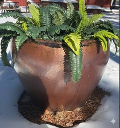 Large Glazed Ceramic Planter With Faux Ferns