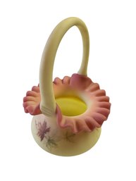 Fenton Ruffled Handled Basket With Hand-Painted Floral Design