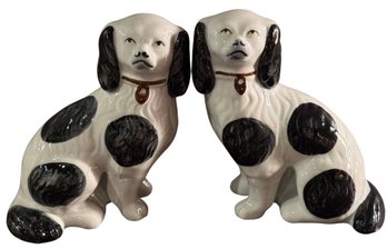 Porcelain Black And White Spaniel Figurines, Handcrafted In Thailand