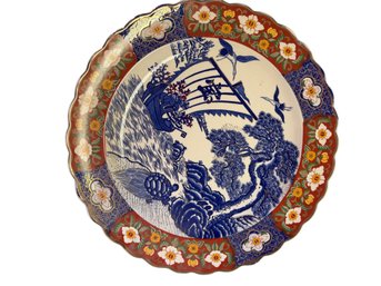 12-Inch Japanese Porcelain Charger With Floral And Landscape Motif