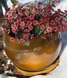 Glazed Ceramic Planter With Artificial Red Flowers