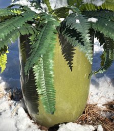 Green Glazed Ceramic Planter With Artificial Fern Display
